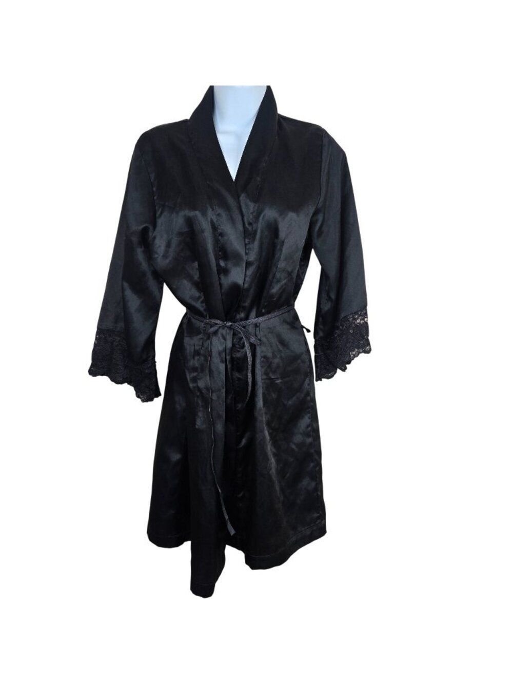 Vintage 90s Fredericks Of Hollywood Black Satin Lace Trim Robe Tie Belt Womens M